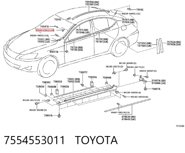 Cápsula (prendedor) de fixação de moldura de pára-brisas 7554553011 Toyota