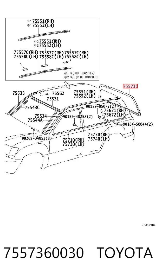 Moldura de vidro traseiro 7557360030 Toyota