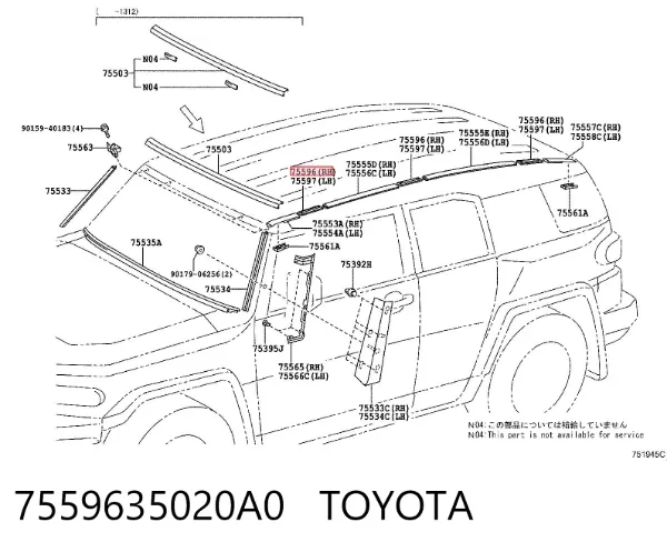 Tampão dianteiro de carril de porta-bagagem do teto 7559635020A0 Toyota