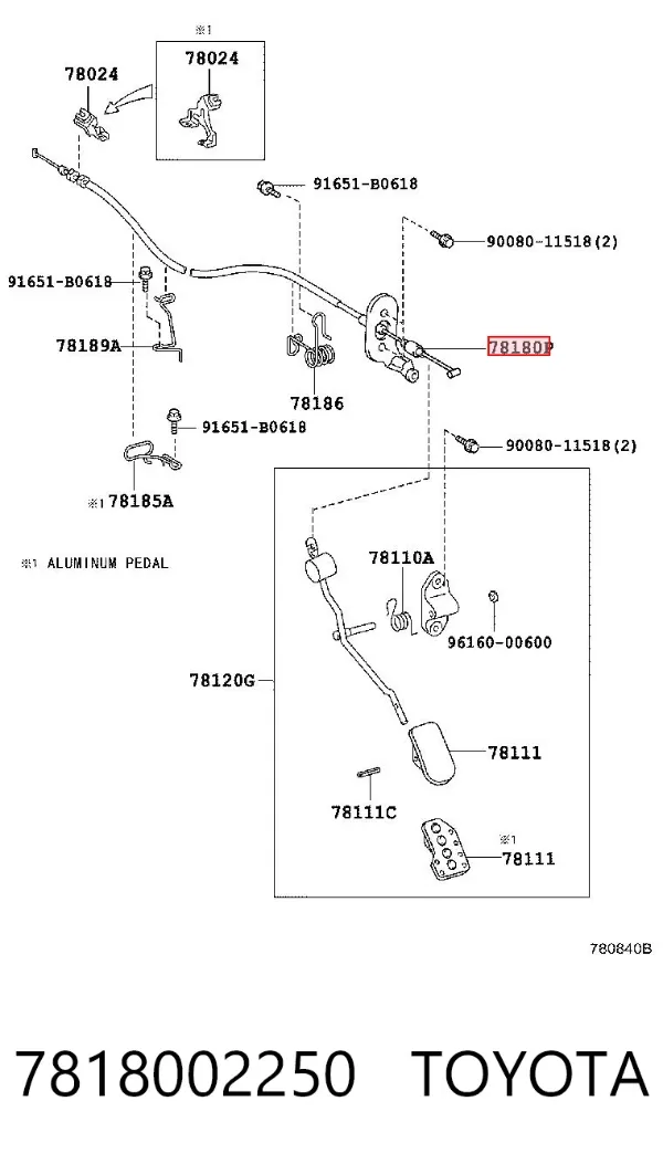 Cabo/pedal de gás (de acelerador) 7818002250 Toyota