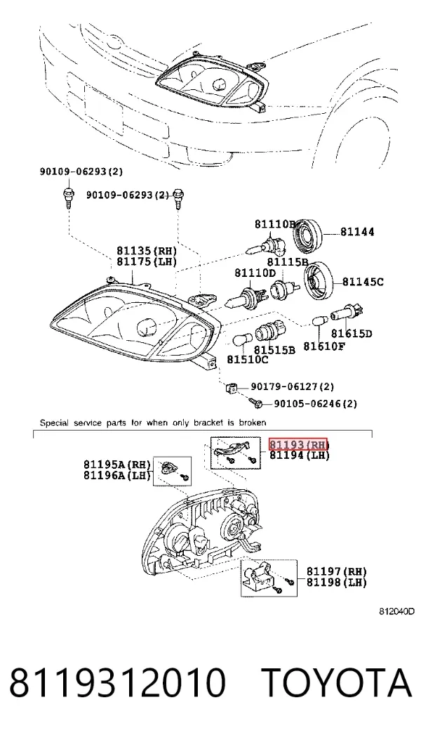 Consola (adaptador) de fixação da luz dianteira direita 8119312010 Toyota