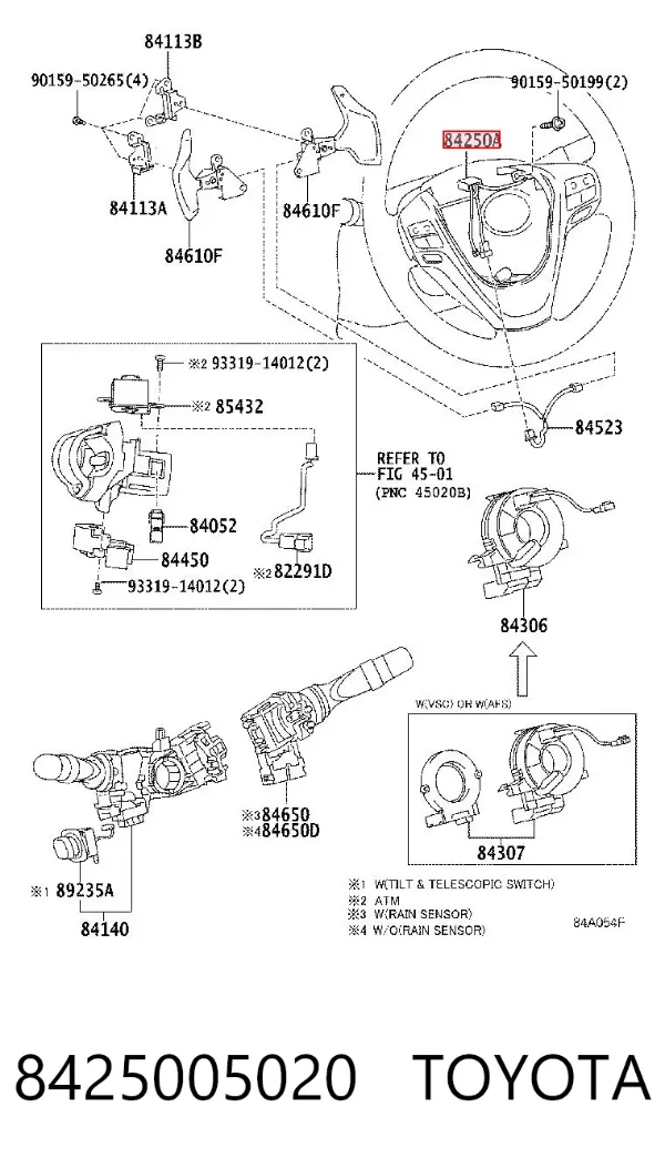 Unidade de interruptores de botão do volante de direção 8425005020 Toyota