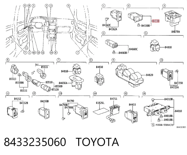 Botão de ativação do sinal de emergência 8433235060 Toyota