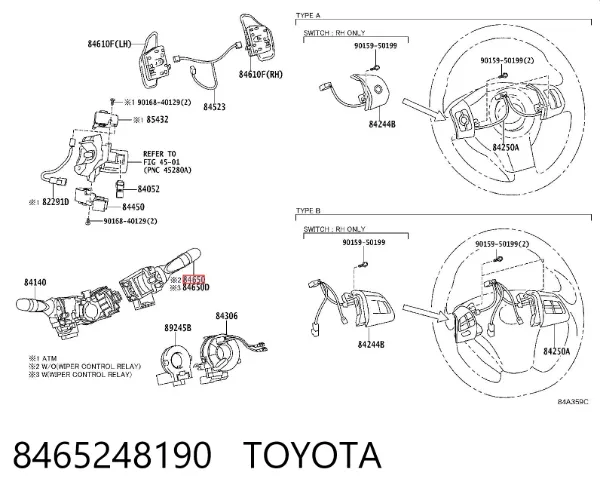 Comutador direito instalado na coluna da direção 8465248190 Toyota