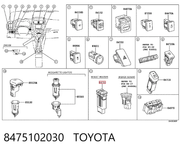 Botão de ativação de aquecimento do assento 8475102030 Toyota
