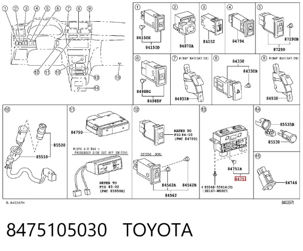 Botão de ativação de aquecimento do assento 8475105030 Toyota
