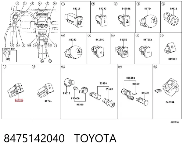 Botão de ativação de aquecimento do assento 8475142040 Toyota