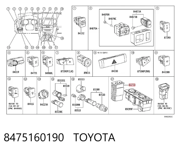 Botão de ativação de aquecimento do assento 8475160190 Toyota
