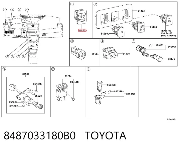 Unidade de controlo dos espelhos de retrovisão, no painel de instrumentos 8487033180B0 Toyota