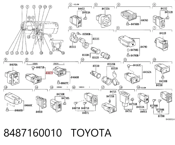 Botão de ativação de aquecimento dos espelhos de retrovisão 8487160010 Toyota
