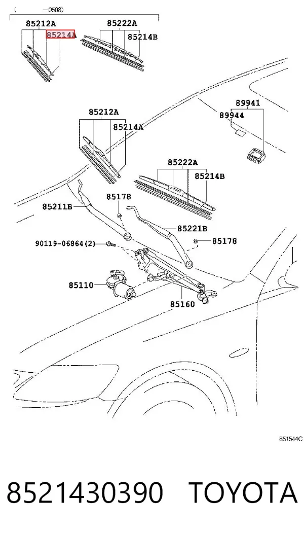 Elástico da escova de limpador pára-brisas de passageiro 8521430390 Toyota