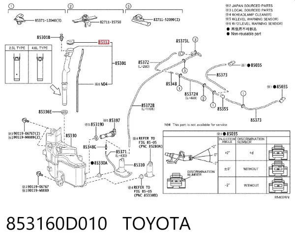 Tampa de tanque de fluido para lavador 853160D010 Toyota