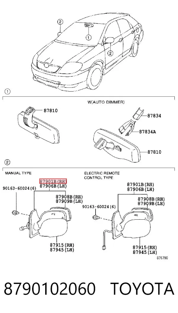 Espelho de retrovisão direito 8790102060 Toyota
