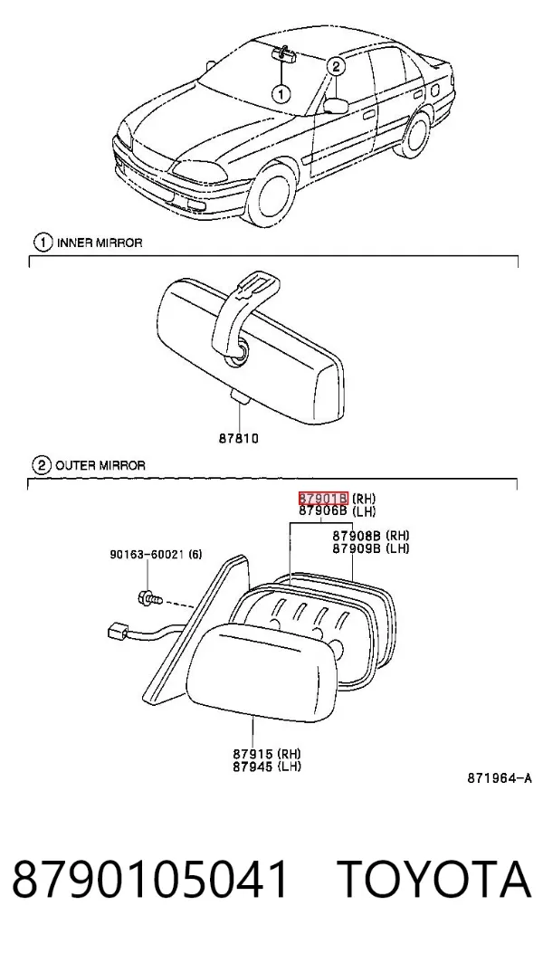 Espelho de retrovisão direito 8790105041 Toyota