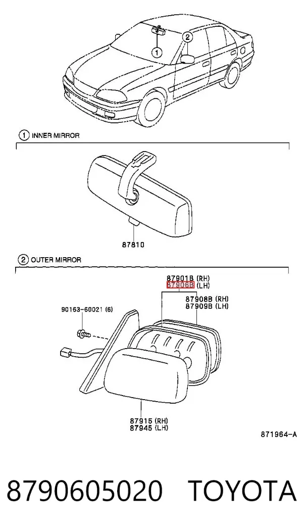 Espelho de retrovisão esquerdo 8790605020 Toyota