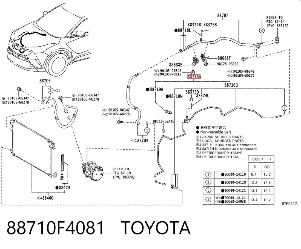 Mangueira de aparelho de ar condicionado, desde o vaporizador até o compressor 88710F4081 Toyota