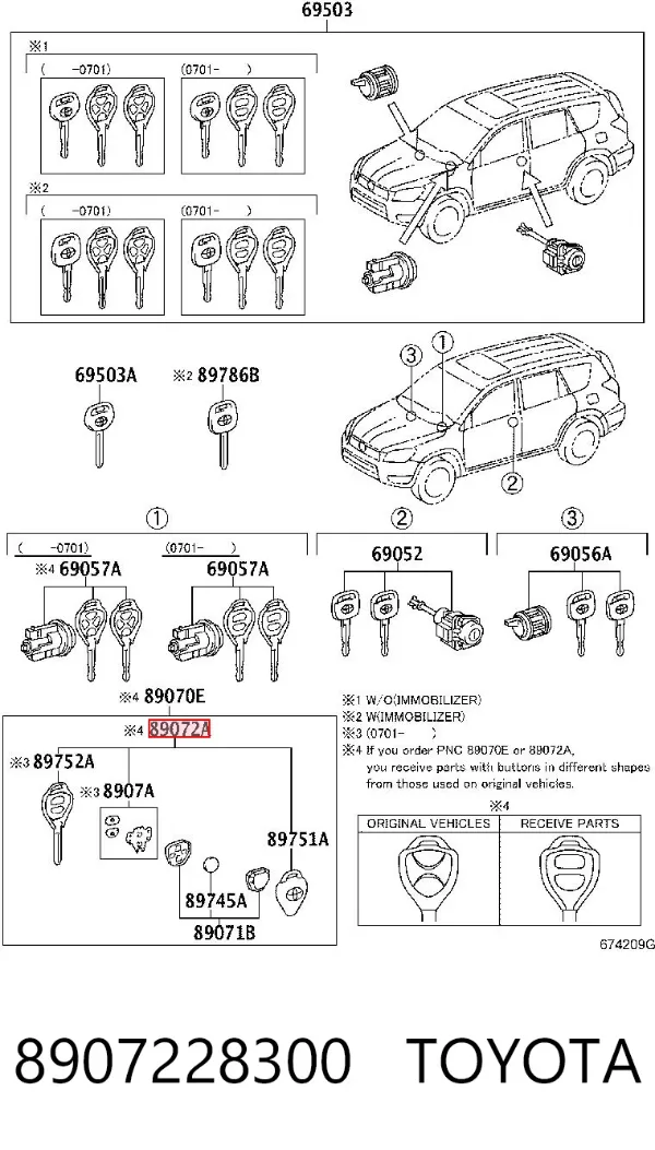 Chave de fecho de ignição 8907228300 Toyota