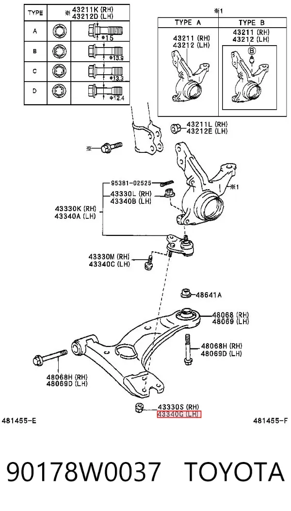 Porca de apoio esférico de suspensão dianteira 90178W0037 Toyota