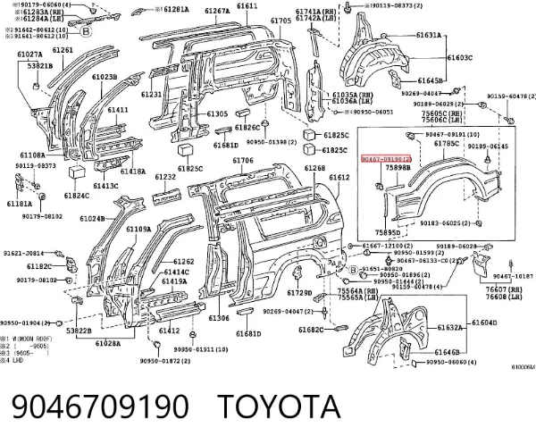 Cápsula (prendedor) de fixação do forro do pára-choque do pára-lama dianteiro 9046709190 Toyota