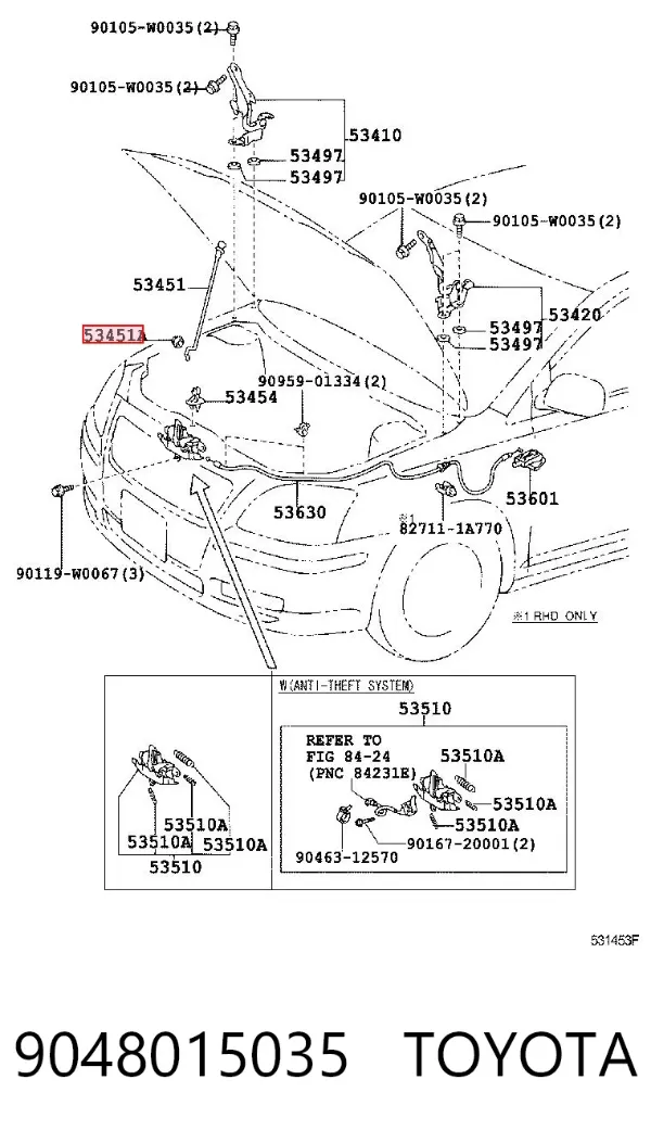 Fixador de suporte da capota 9048015035 Toyota