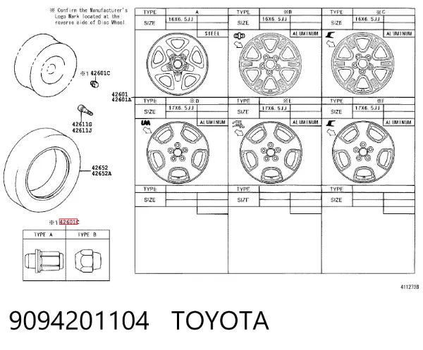 Porca de roda 9094201104 Toyota
