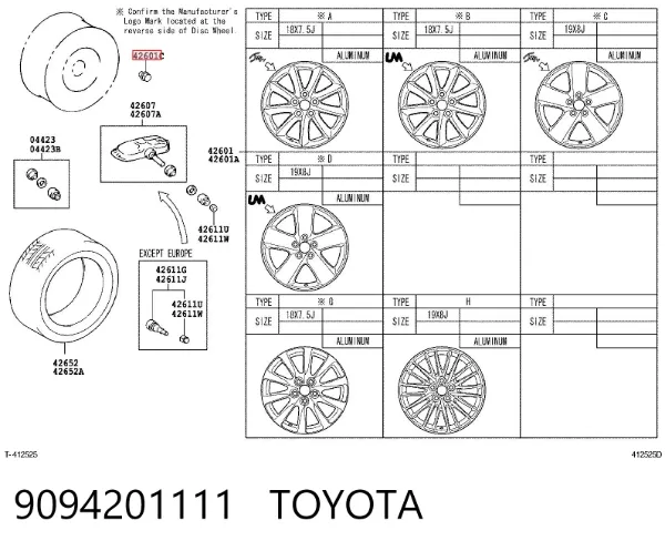 Porca de roda 9094201111 Toyota