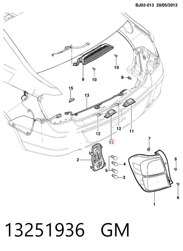 Lanterna da luz de fundo de matrícula traseira 13251936 General Motors