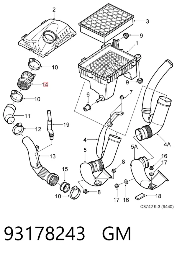 Sensor de fluxo (consumo) de ar, medidor de consumo M.A.F. - (Mass Airflow) 93178243 General Motors