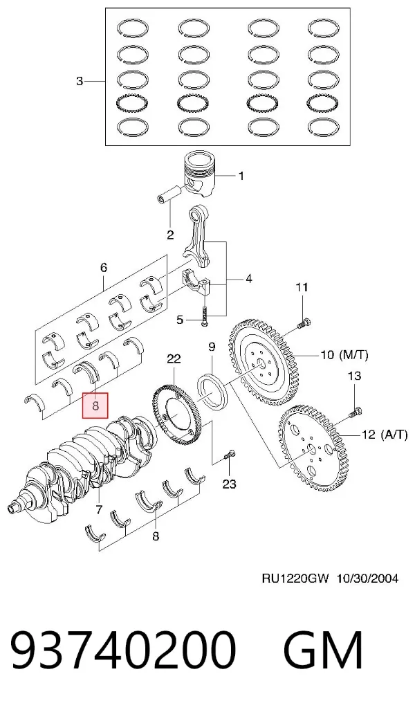 Folhas inseridas principais de cambota, kit, 1ª reparação ( + 0,25) 93740200 General Motors