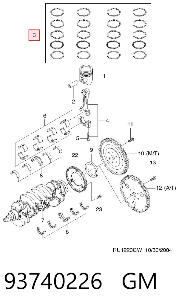 Kit de anéis de pistão de motor, 1ª reparação ( + 0,25) 93740226 General Motors