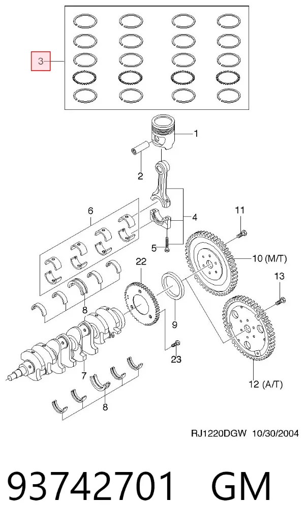Kit de anéis de pistão de motor, 1ª reparação ( + 0,25) 93742701 General Motors