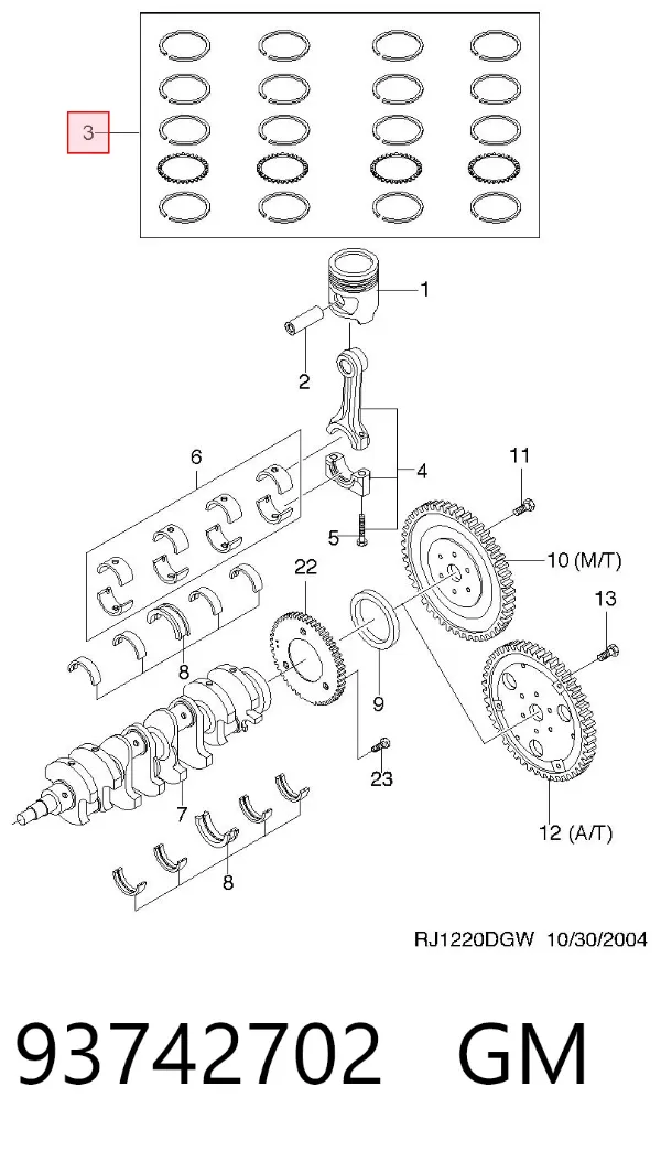 Kit de anéis de pistão de motor, 2ª reparação ( + 0,50) 93742702 General Motors