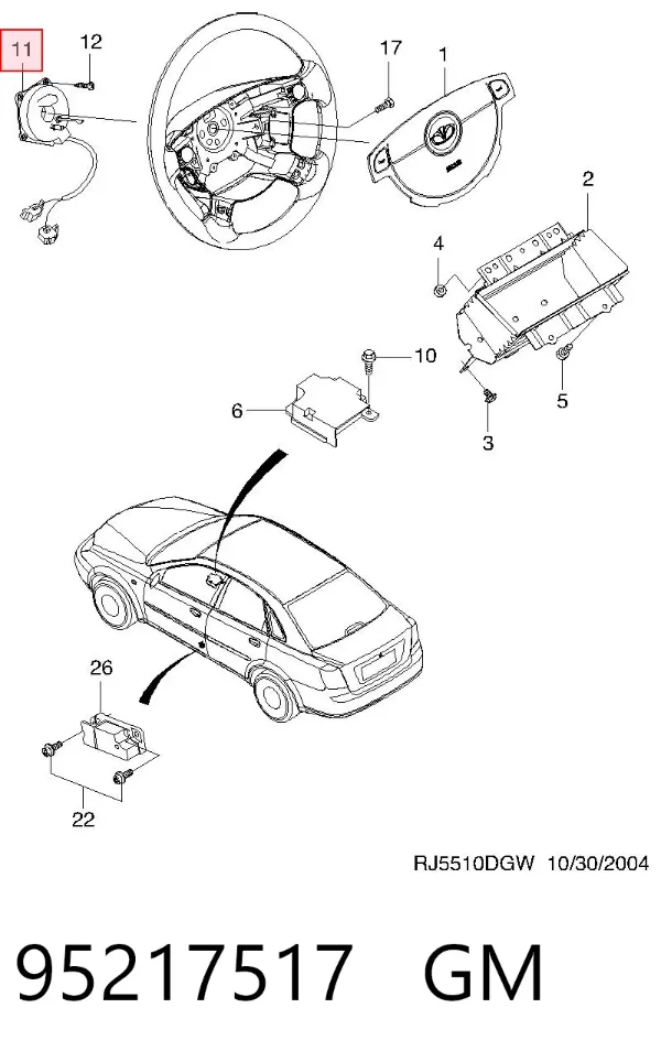 Anel AIRBAG de contato, cabo plano do volante 95217517 General Motors