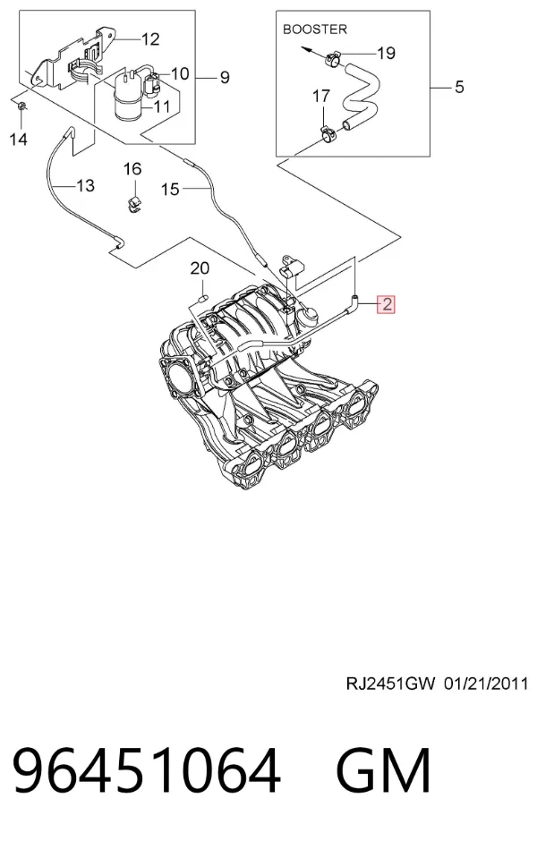 Tubo de impulsionador de vácuo dos freios 96451064 General Motors