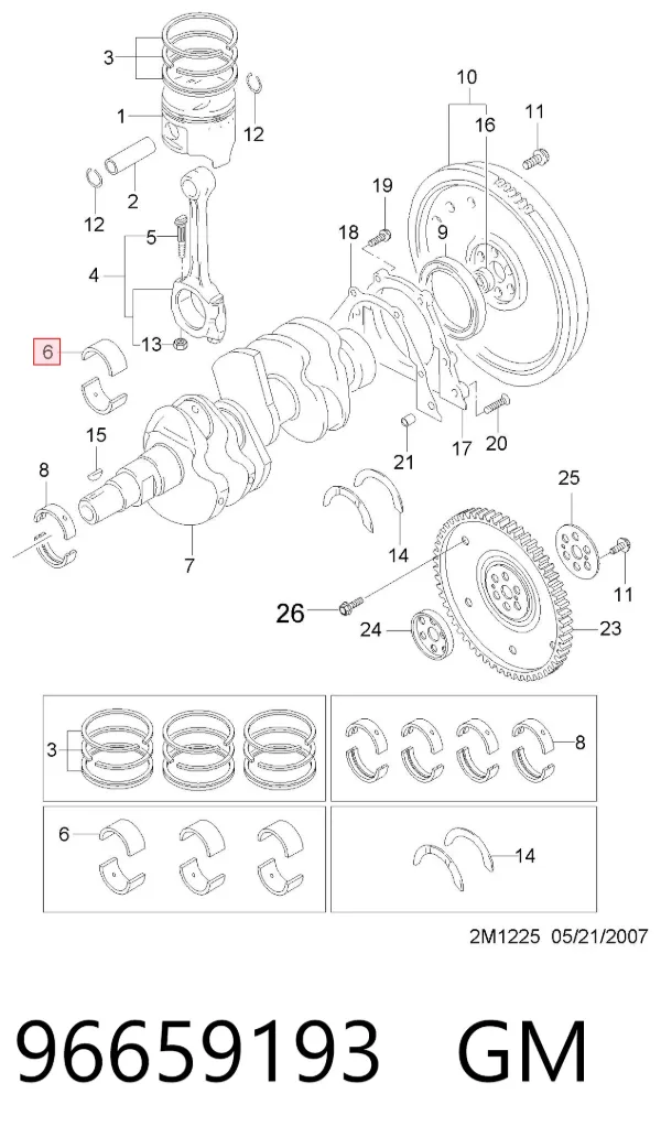 Folhas inseridas de cambota de biela, kit, 1ª reparação ( + 0,25) 96659193 General Motors