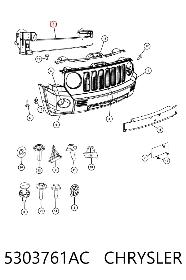 Reforçador do pára-choque dianteiro 5303761AC Chrysler