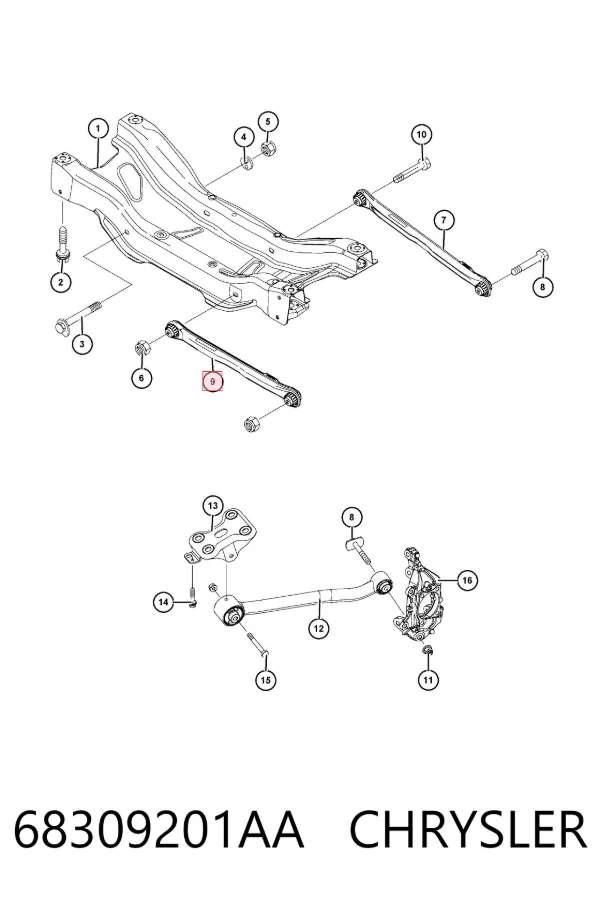 Barra longitudinal de suspensão traseira direita 68309201AA Chrysler