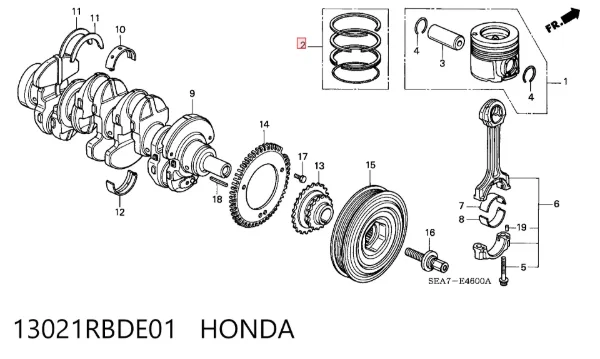Anéis do pistão para 1 cilindro, 1ª reparação ( + 0,25) 13021RBDE01 Honda