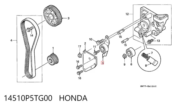 Rolo de reguladora de tensão da correia do mecanismo de distribuição de gás 14510P5TG00 Honda