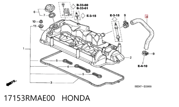Cano derivado de ventilação de cárter (de separador de óleo) 17153RMAE00 Honda