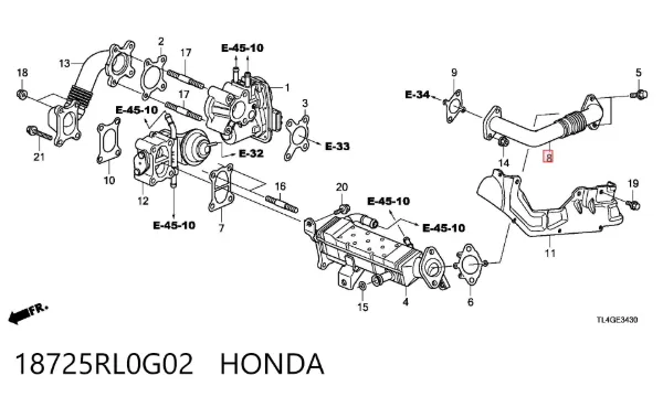 Cano derivado do sistema de recirculação dos gases de escape EGR 18725RL0G02 Honda
