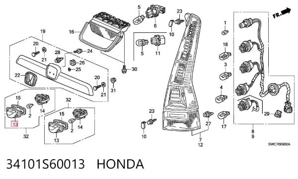 Lanterna da luz de fundo de matrícula traseira 34101S60013 Honda