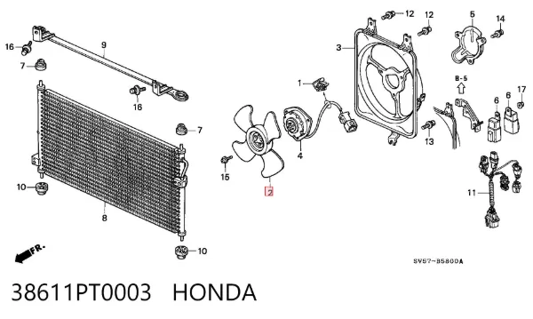 Ventilador (roda de aletas) do radiador de aparelho de ar condicionado 38611PT0003 Honda