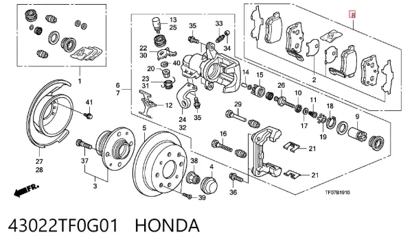 Sapatas do freio traseiras de disco 43022TF0G01 Honda