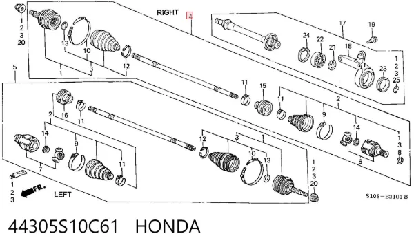 Semieixo (acionador) dianteiro direito 44305S10C61 Honda