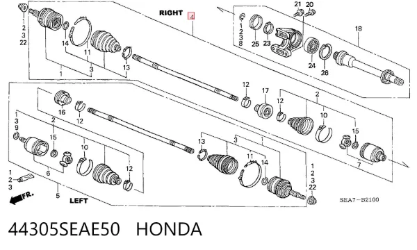 Semieixo (acionador) dianteiro direito 44305SEAE50 Honda