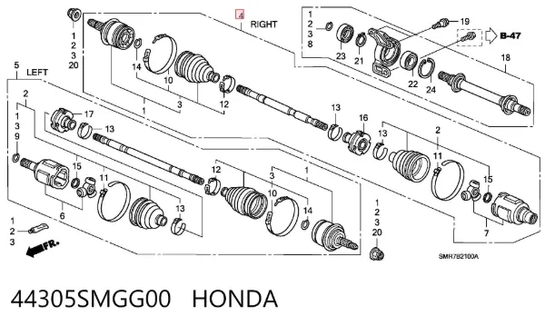 Semieixo (acionador) dianteiro direito 44305SMGG00 Honda