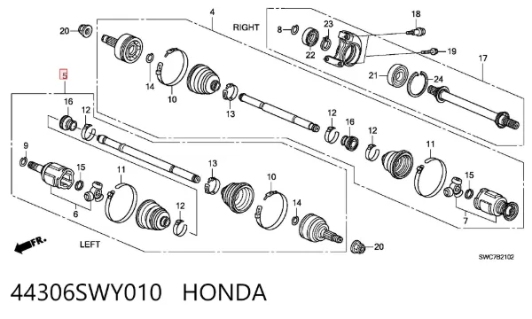 Semieixo (acionador) dianteiro esquerdo 44306SWY010 Honda