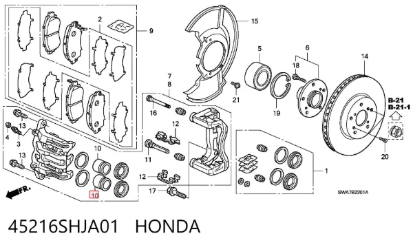 Pistão de suporte do freio dianteiro 45216SHJA01 Honda