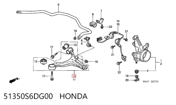 Braço oscilante inferior direito de suspensão dianteira 51350S6DG00 Honda